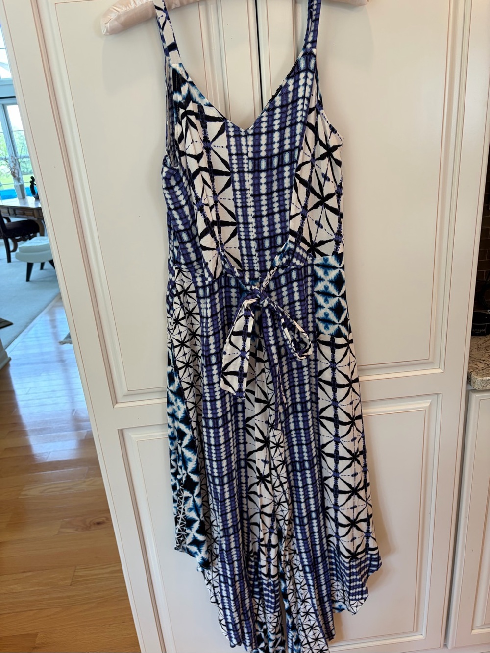 Blue and White Tie-Waist Jumpsuit